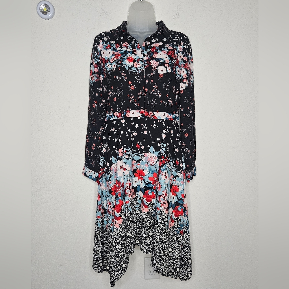 Julia Jordan Floral Button Front Fit And Flare Long Sleeve Sharkbite Hem Midi 6 - Picture 2 of 14